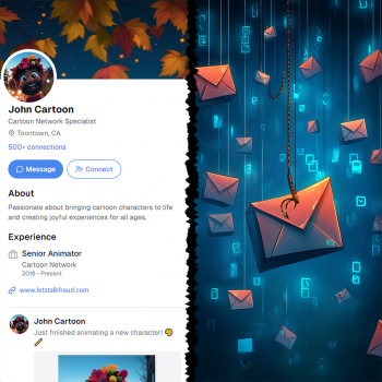 The image is split, with the left side showing a fake LinkedIn profile for "John Cartoon" with cartoon-themed details, and the right side depicting numerous digital envelopes hanging on strings against a blue background with binary code, suggesting a phishing or data collection operation.